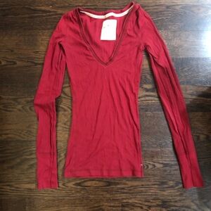 Vintage Y2K Hollister Deep Red Long Sleeve V-Neck Shirt with ribbed/lace detail
